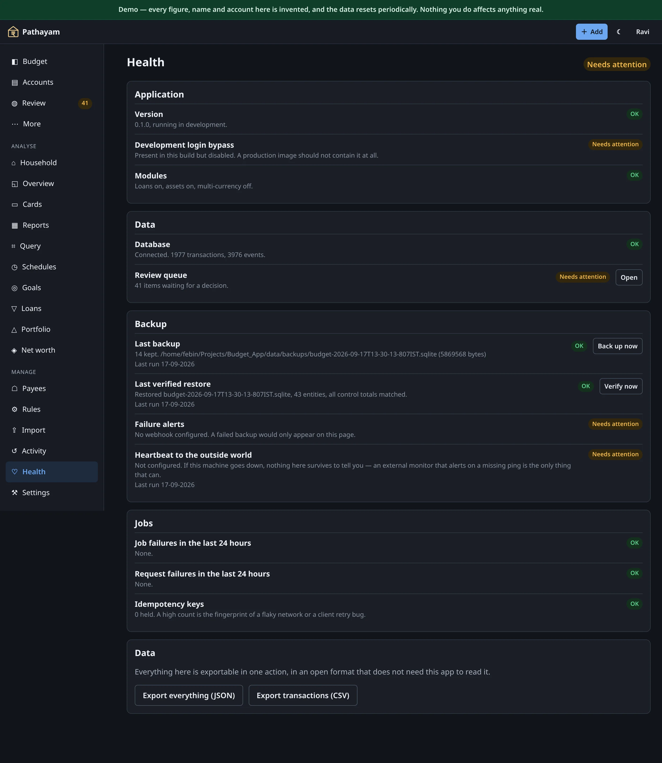 Health — backups, restore verification, feeds.