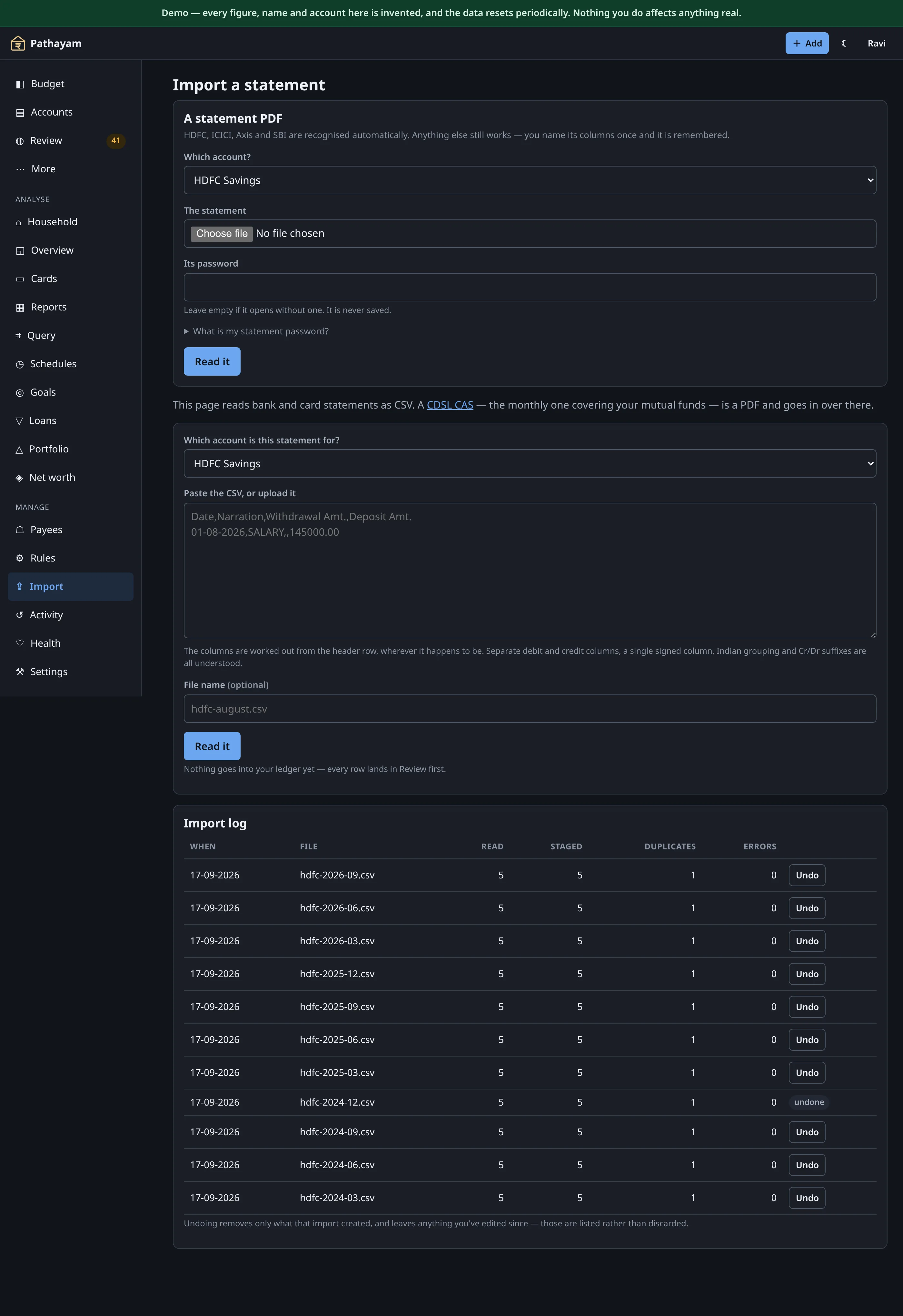 Import — paste a CSV or drop a statement PDF.