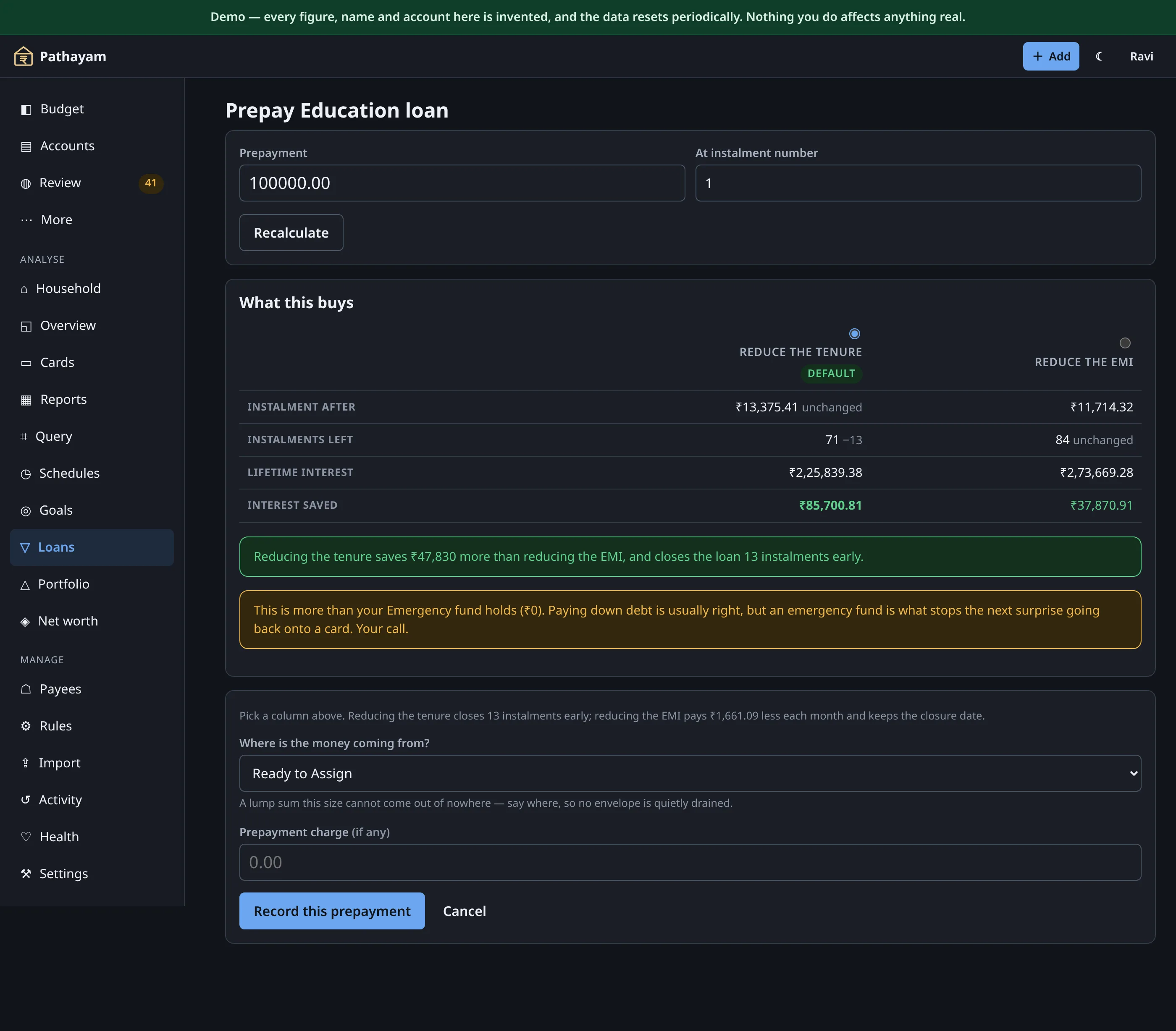 The prepayment comparison: reduce the tenure against reduce the EMI.